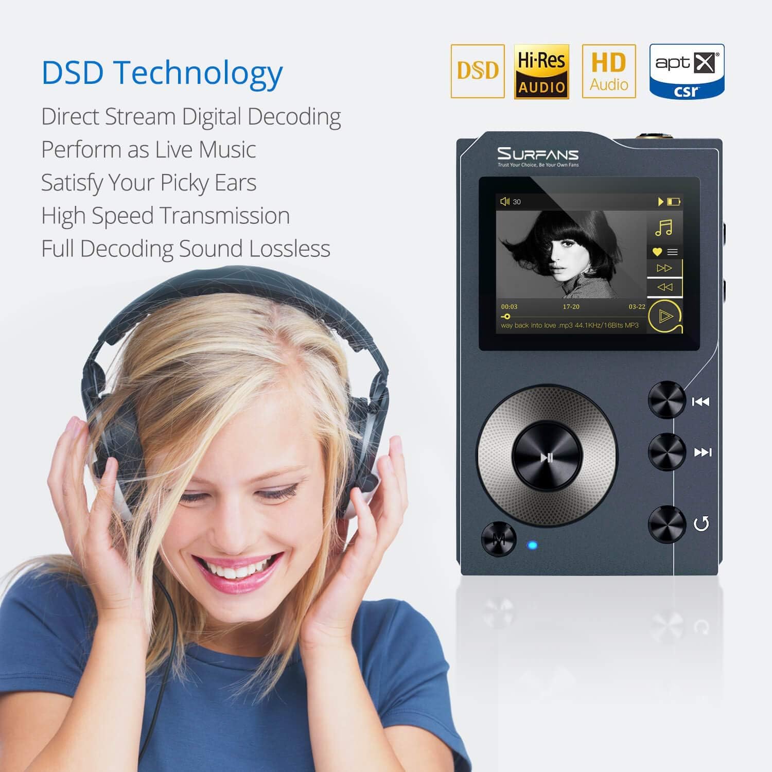 Surfans F20 HiFi MP3 Player with Bluetooth, Lossless DSD High Resolution Digital Audio Music Player, High-Res Portable Audio Player with 32GB Memory Card, Support up to 256GB: Home Audio & Theater