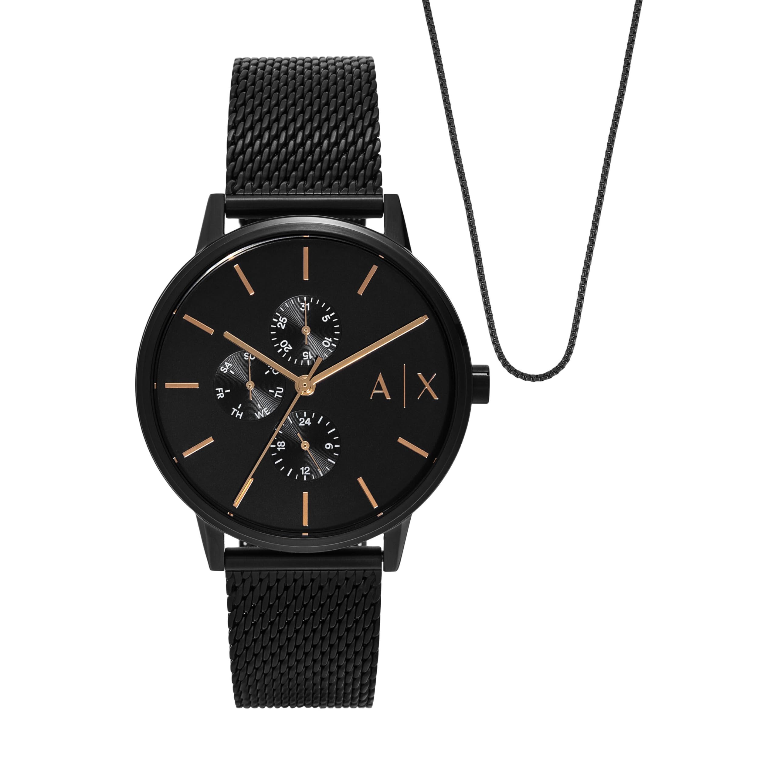 Armani Exchange Men's Multifunction Black Stainless Steel Watch and Necklace Set, Color: (Model: AX7162SET) Image Armani Exchange Men's Multifunction Black Stainless Steel Watch and Necklace Set, Color: (Model: AX7162SET) Image