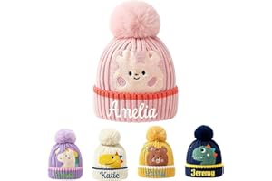YISMEET Personalized Baby Beanies Hats Custom Embroidered Name Kids Hat Knitted Cartoon Pattern Winter Hat for Baby Boy Girl