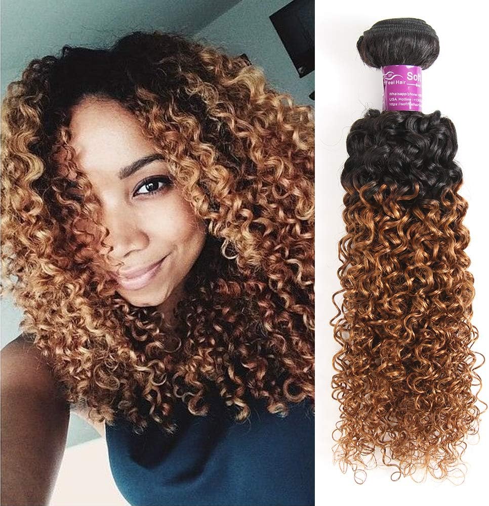 Alisfeel Hair 8A Brazilian Kinky Curly Human Hair Extensions Ombre One Bundle 2 Tone 1B 30# Blonde Ombre Brazilian Curly Virgin Hair Weaves (16")