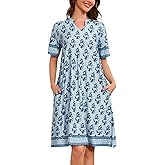 Womens Nightgown Short Sleeve House Dress with Pockets Floral Print Mumu Dress Casual Loose S-3XL