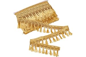 PH PandaHall 21.8 Yards Golden Fringe Trim, 2 inch Metallic Gold Trim Filigree Lace Ribbon with Tassel Sewing Edging Braided 
