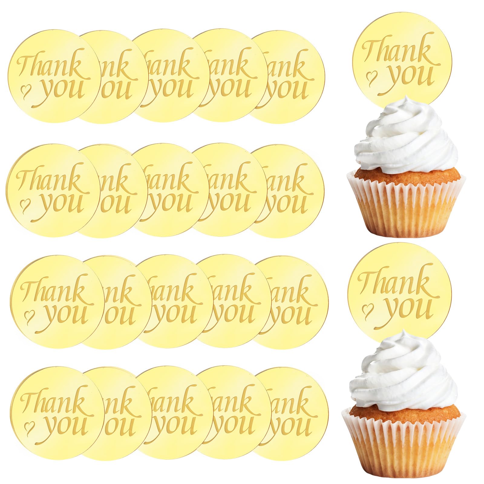 URROMA 20 PCS Acrylic Cupcake Toppers, Round Thank You Cake Discs Mirror Picks Engraved Personalized Cake Charm (style9, 20pcs)