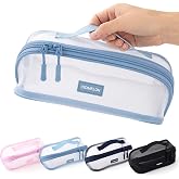 CICIMELON Transparent Mesh Pencil Pouch with Handle Big Case Clear Pen Bag College Essentials School Supplies, Light Blue