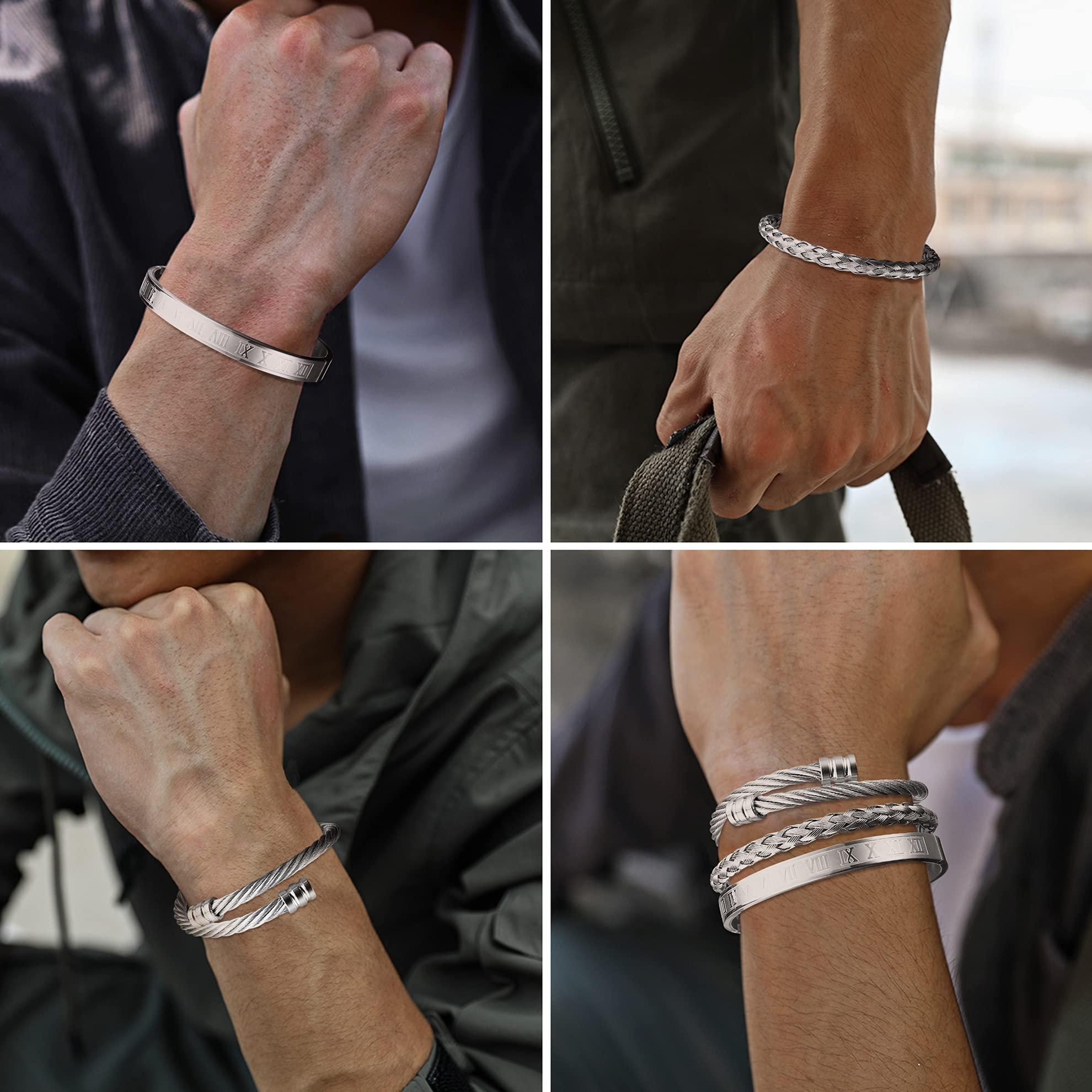 YADOCA 3Pcs Stainless Steel Bracelets for Men Roman Numeral Bangle Bracelet Adjustable Cuff Bracelet Twisted Cable Bracelet Mens Luxury Bracelets Jewelry Gifts Gold/Silver/Black