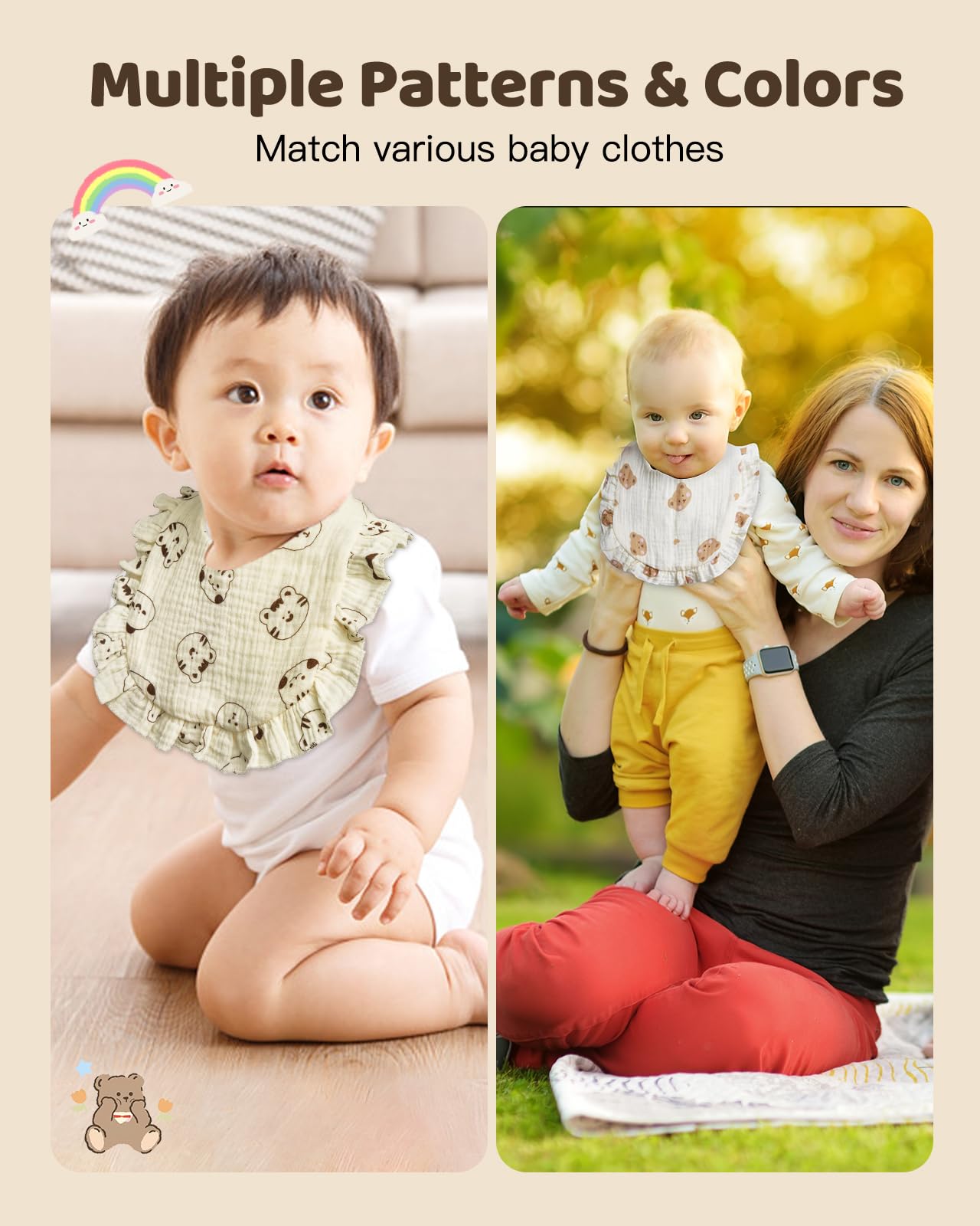 Lictin Muslin Baby Drool Bibs, 4-Pack Baby Bandana Drool Bibs Cotton Unisex, Snap Muslin Bibs for Boys Girls, Absorbent & Soft for Teething and Drooling White Pattern