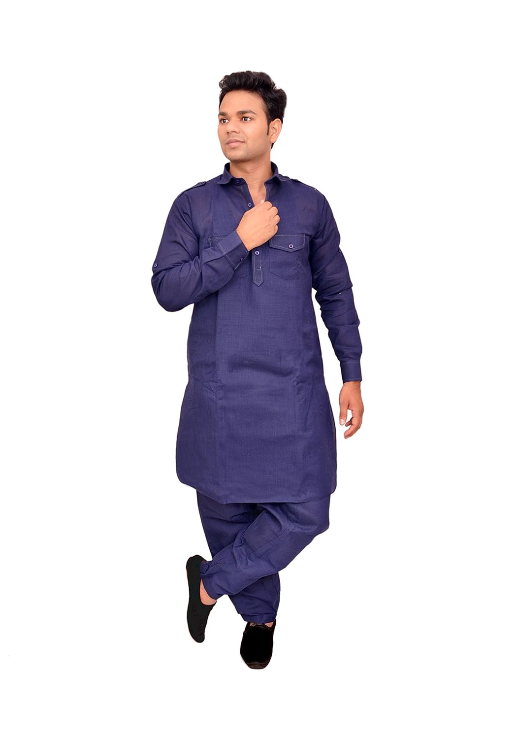 royal attire navy blue stylish regular fit pathani kurta salwar for men