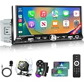 Single Din Radio Car Stereo with Wireless Apple Carplay &amp; Android Auto, 6.9" UHD Touchscreen Car Stereo with Bluetooth, 1080P Backup Camera Mirror Link Navigation USB Type-C Fast Charging FM/AM EQ SWC