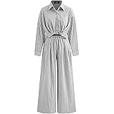 CIDER Women Collar Striped Buttoned Knotted Roll-Up Sleeve Straight Leg Cotton Blend Work Bussiness Jumpsuits