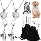 DISWALE 2 Set Pet Cremation Jewelry for Ashes, Dog/Cat Urns Keychain, Heart Urn Necklace Memorial Keepsake for Ashes with Filling Kit Storage Bag(Silver)