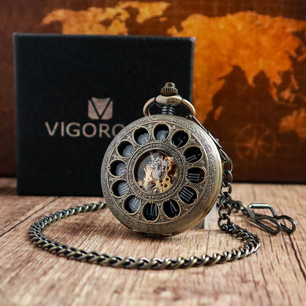 VIGOROSO Vintage Hand Wind Up Pocket Watches for Men, Mechanical Pocket Watch with Chain, Mens Skeleton Pocketwatch