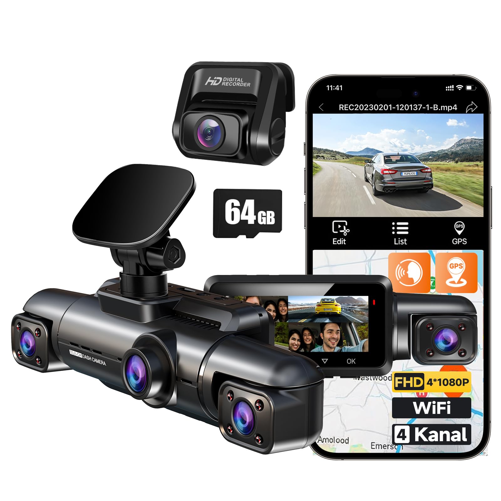 HUPEJOS 360° Dashcam Auto Vorne Hinten 4 Kanal Dash Cam Auto Kamera FHD 1080Px4,4×150° Weitwinkel,WDR-Nachtsicht (8 IR-LEDs), 3,18" IPS Display, G-Sensor,WiFi GPS,24/7 Parkmodus, 64GB SD-Karte