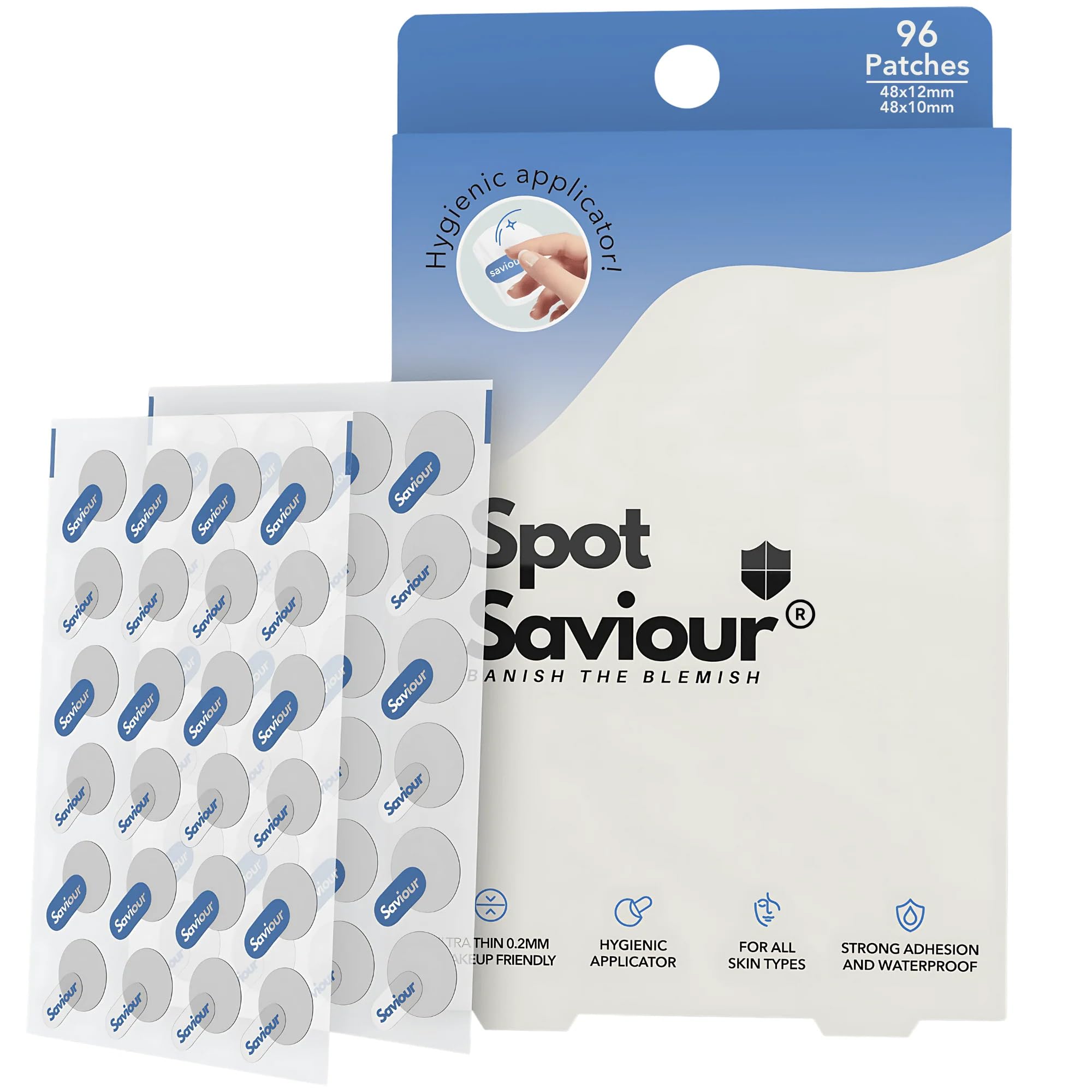 Spot Saviour Pimple Patches 96 Pack – Hydrocolloid Spot Patches for Acne & Blemishes with Hygienic Applicator, Invisible Korean Acne Patches, Fast Acting Spot Dots for Face (10mm & 12mm)