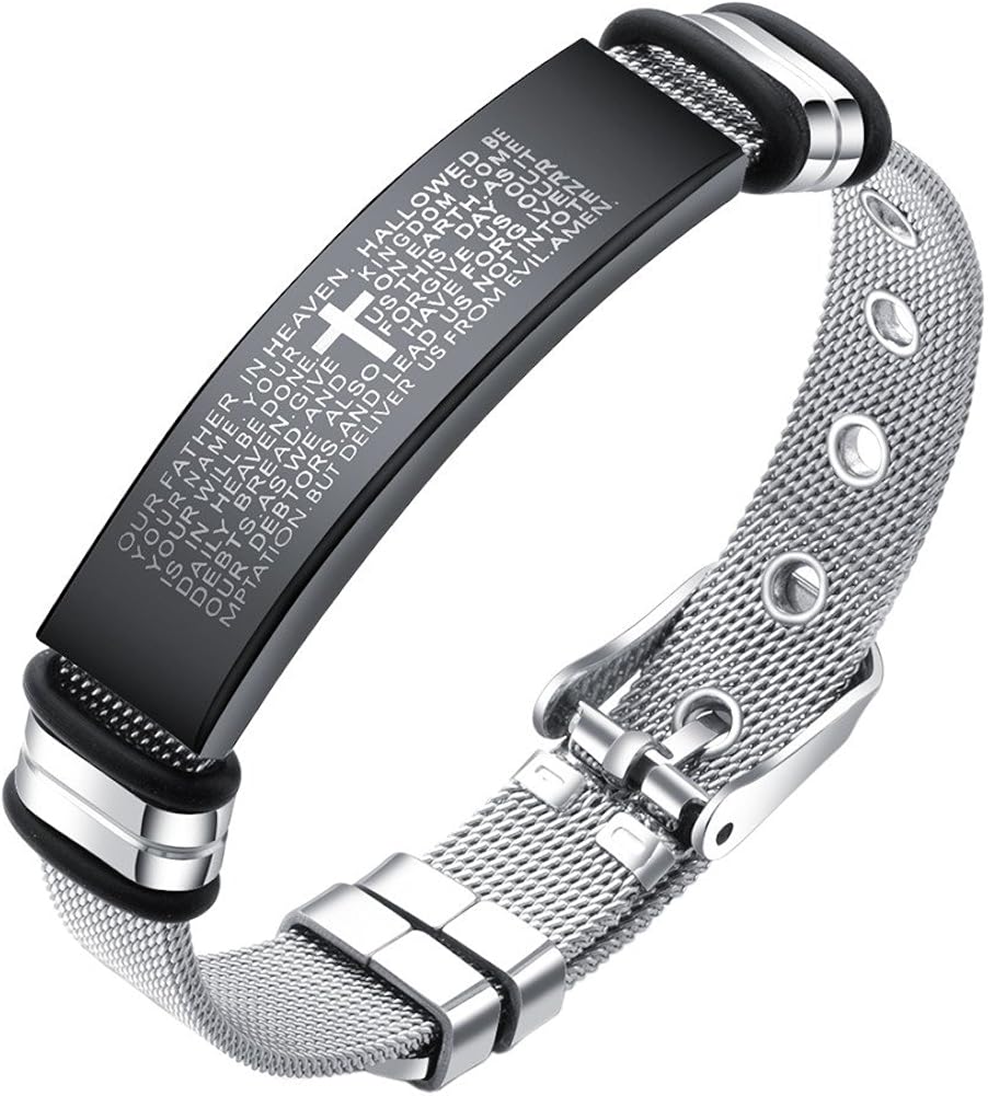 PAURO Men's Stainless Steel Mesh Lord's Prayer Cross Bracelet, Stainless Steel,Black, 6.5 inch