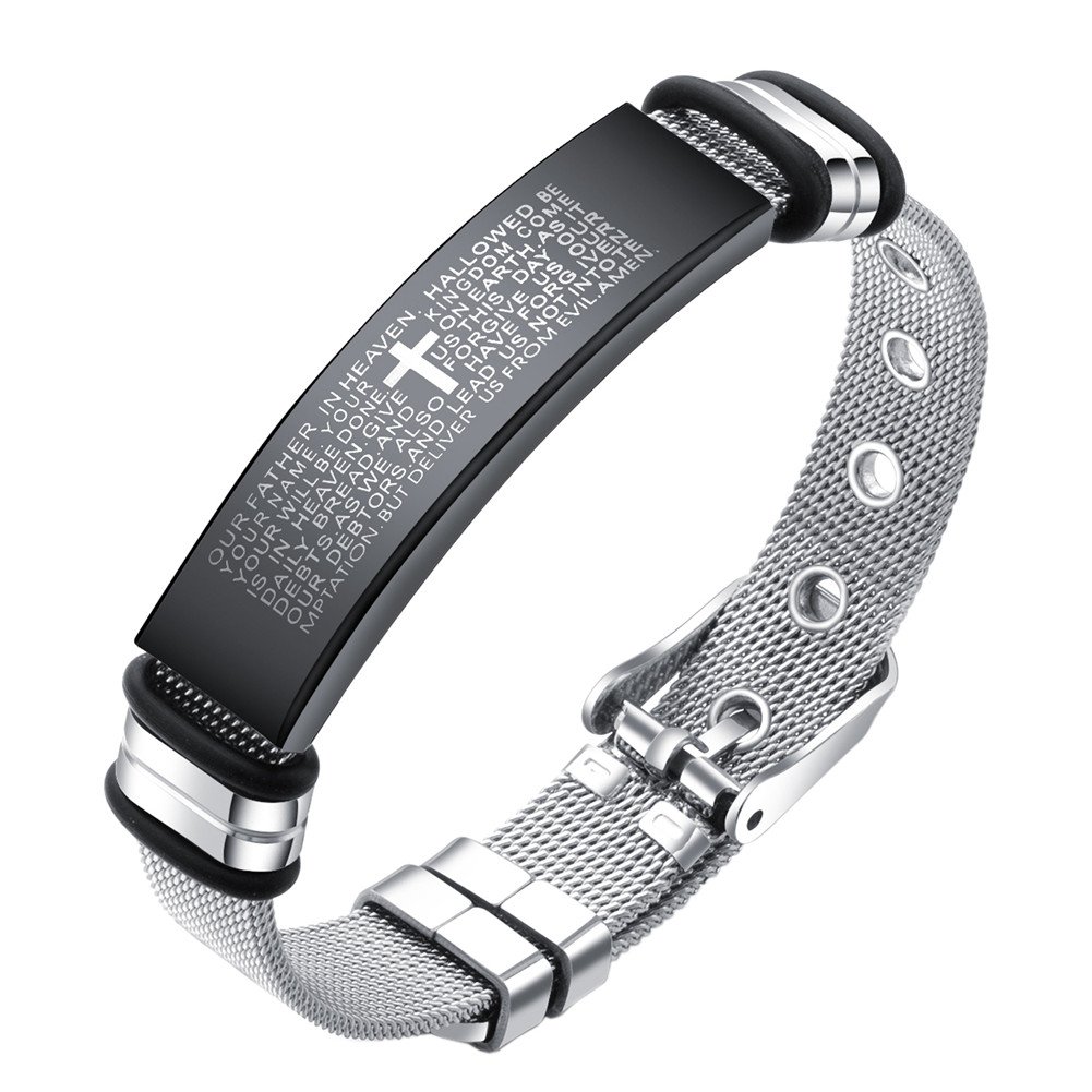 PAURO Men's Stainless Steel Mesh Lord's Prayer Cross Bracelet