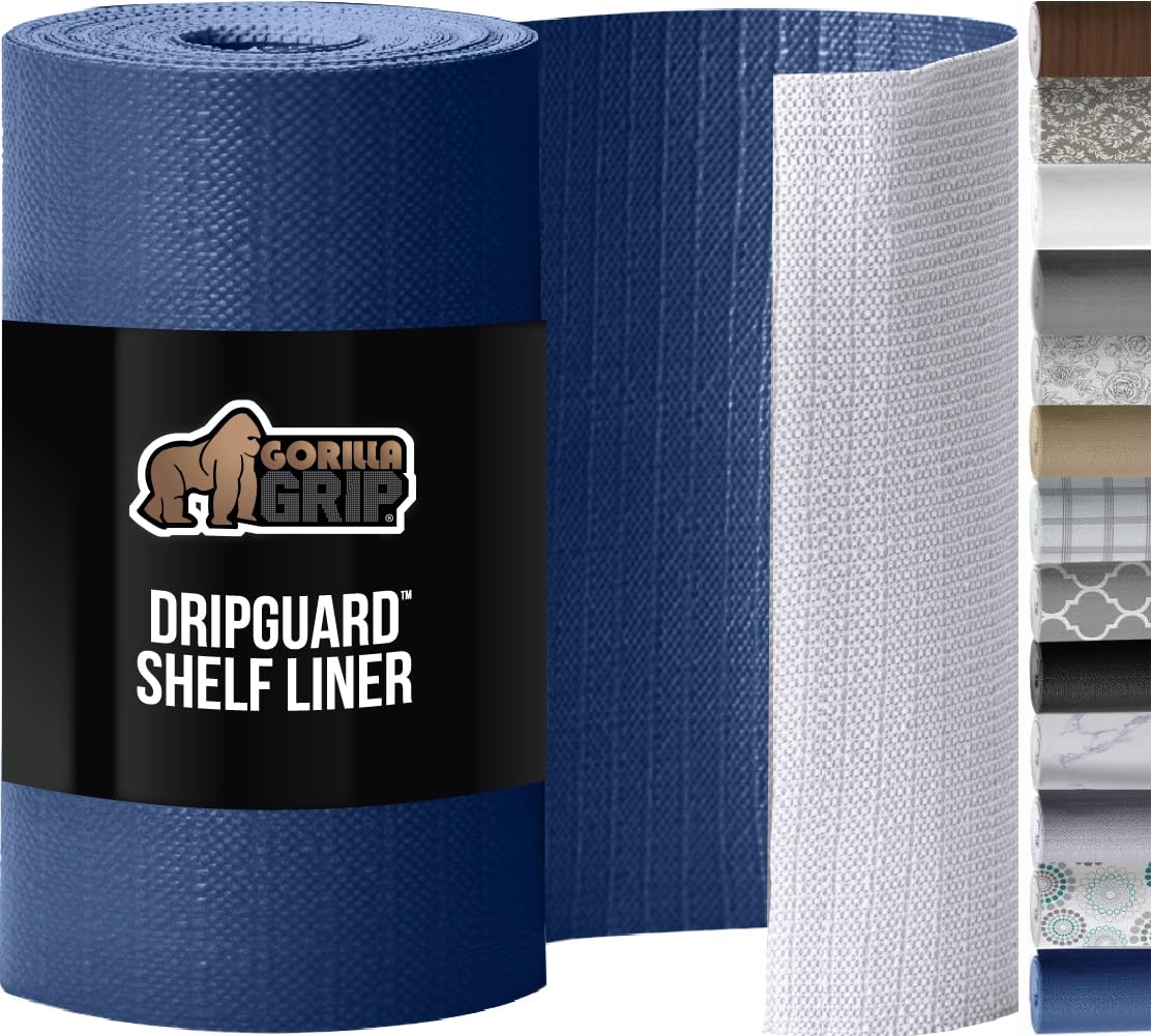 GORILLA GRIP DripGuard Shelf Liner, Non-Adhesive Drawer and Kitchen Cabinet Protector, 20x240 Inch, Strong Grip Slip Resistant Underside, Smooth Surface Liners for Cabinets, Bathrooms, Closets, Navy Image