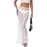 Rooscier Women's Lace Sheer Long Skirt High Waist A-line Summer Sexy Beach Maxi Skirts
