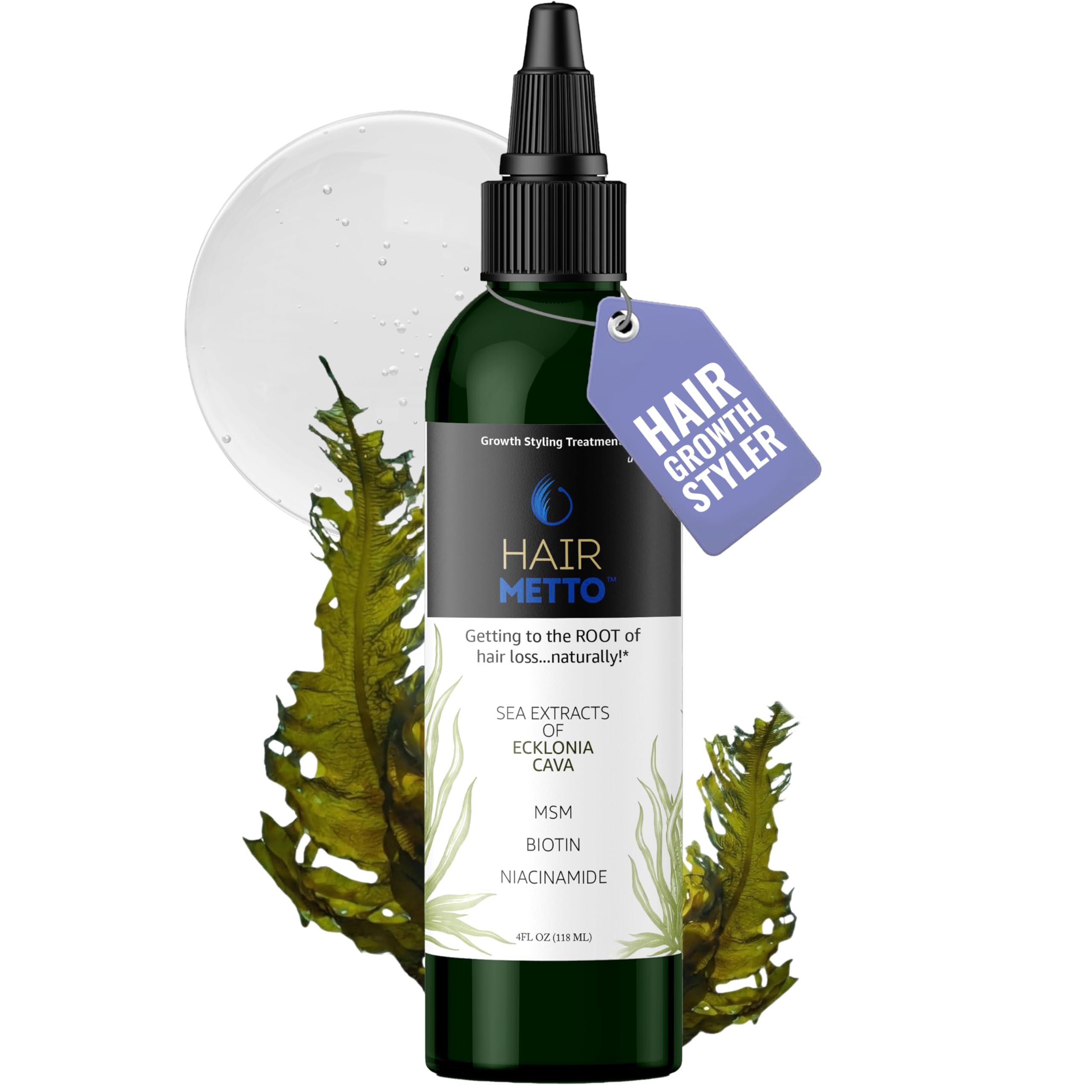 HAIRMETTO® Ecklonia Cava Extract Hair Growth Serum – Styling Gel with Vitamins MSM, Niacinamide & Biotin – Hair Growth Booster for all Hair Types - 4oz (118ml)