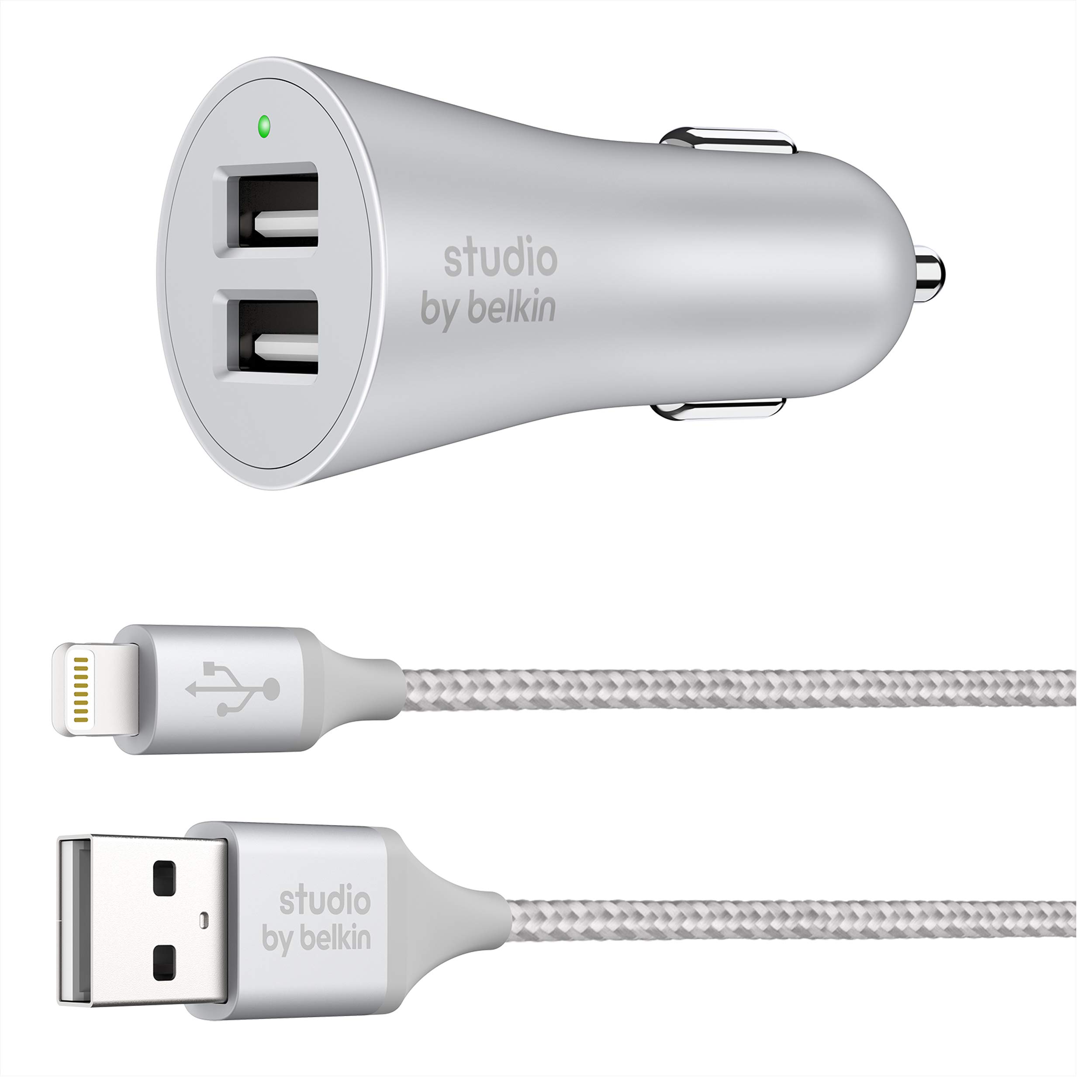 Belkin Studio 4.8A 24W 2 Port Car Charger with 1.5 Metre Braided Charge Sync Lightning Cable for iPhone iPad (Silver)