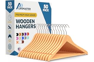 Lifemaster Wooden Hanger Set - 50 Pieces Non-Slip Versatile Closet Space-Saving Hanger Set for Suit, Coat, Camisole, Jacket, Pants, and Dresses with Rotating Swivel Hook - Natural Wood