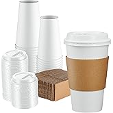 Gusto [50 Sets] 16 oz. Disposable White Coffee Cups with White Lids, Sleeves - to Go Paper Hot Cups- Formerly Comfy Package