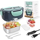 Electric Heated Lunch Boxes Adults: 80W Electric Lunch Box Food Heated 12/24/110V 1.5L Heatable Lunch Box for Car/Truck/Office Leak-Proof Stainless Steel Container, Fork & Spoon, Bag (Grey+Green)