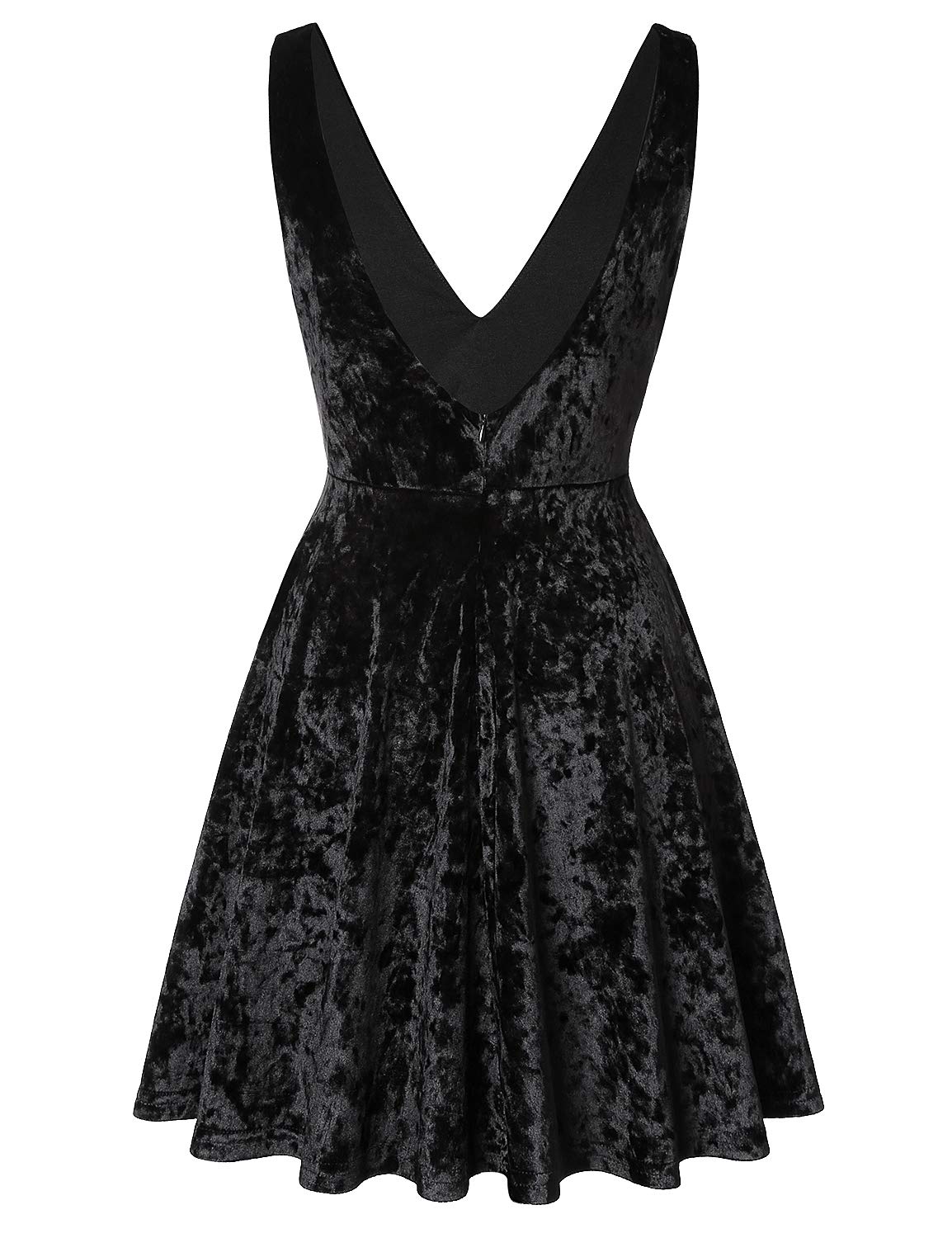 Blooming Jelly Women\'s V Neck Dress Velvet Spaghetti Strap Sleeveless Open Back Pleated Zip Elastic Mini Dress (Black, M=UK 12)