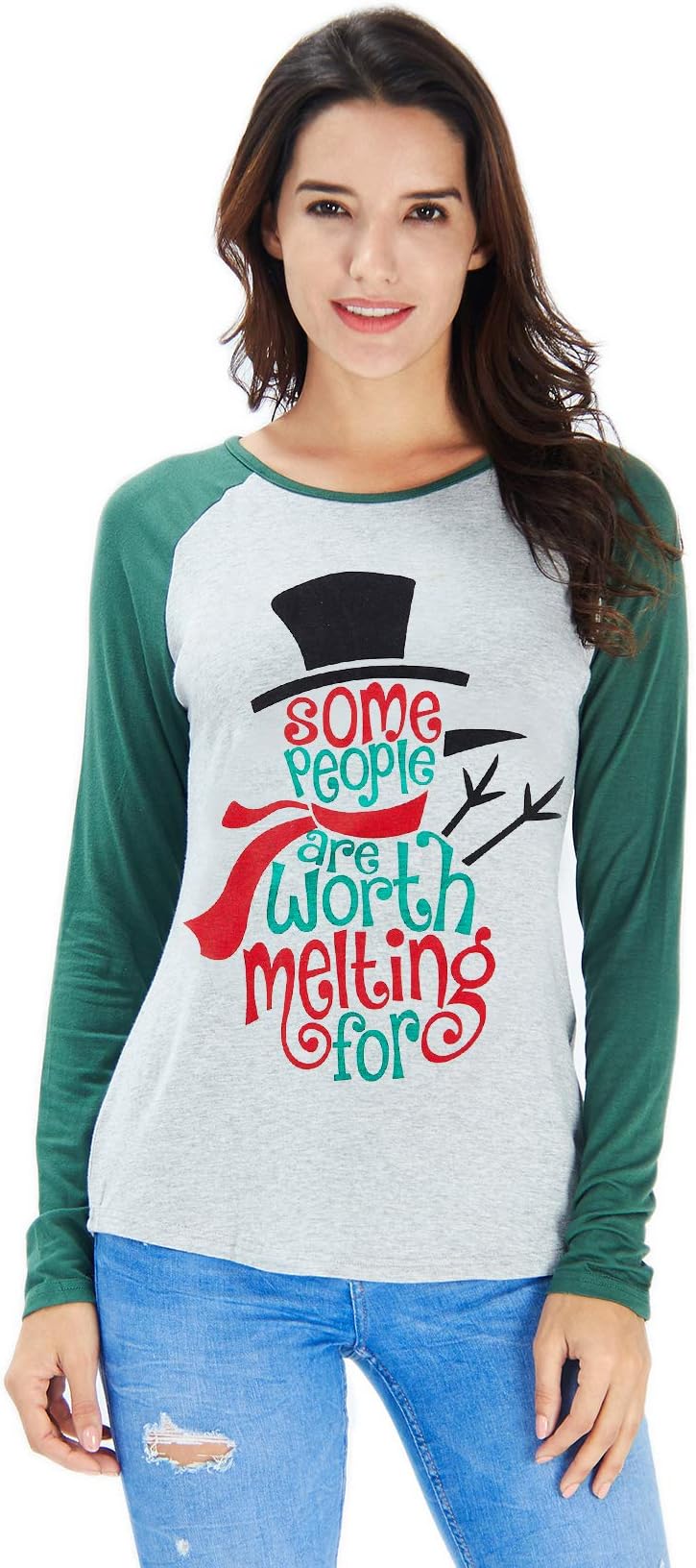 Idgreatim Women Christmas Print Long Sleeve T Shirt Casual Crew Neck Holiday Party Blouse Tops