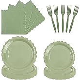 96PCS Sage Green Paper Plates and Napkins, 24 Guest Sage Green Disposable Tableware Set Include Scalloped Paper Plates Napkins and Forks Decoration Party Supplies for Baby Shower Wedding Birthday