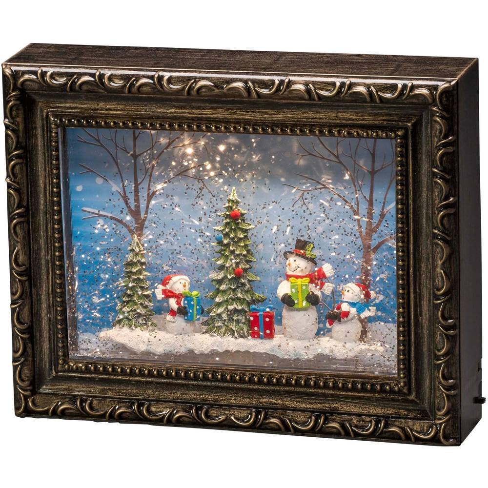 Konstsmide LED Snow Globe Lantern Picture Frame"Snowman Scene", Water Filled/Indoor Use (IP20) with 5 Hour Timer/Battery Operated: 4xAA 1.5V (excl.)/ Christmas Lantern 2 Warm White Diodes