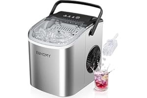 EUHOMY Countertop Ice Maker Machine with Handle, 26lbs Per Day, 9 Ice Cubes Ready in 6 Mins, Auto-Cleaning Portable Ice Maker with Basket and Scoop, for Home/Kitchen/Camping/RV (Silver)