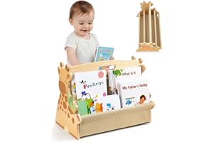 SheSeek Toddler Bookshelf Double-Sided with 4 Tier Deep Sleeves Kids Wooden Montessori Book Rack for Baby Nursery Room, Playroom, Classroom or Bedroom Bookcase Storage Organizer, Light Wood Giraffe