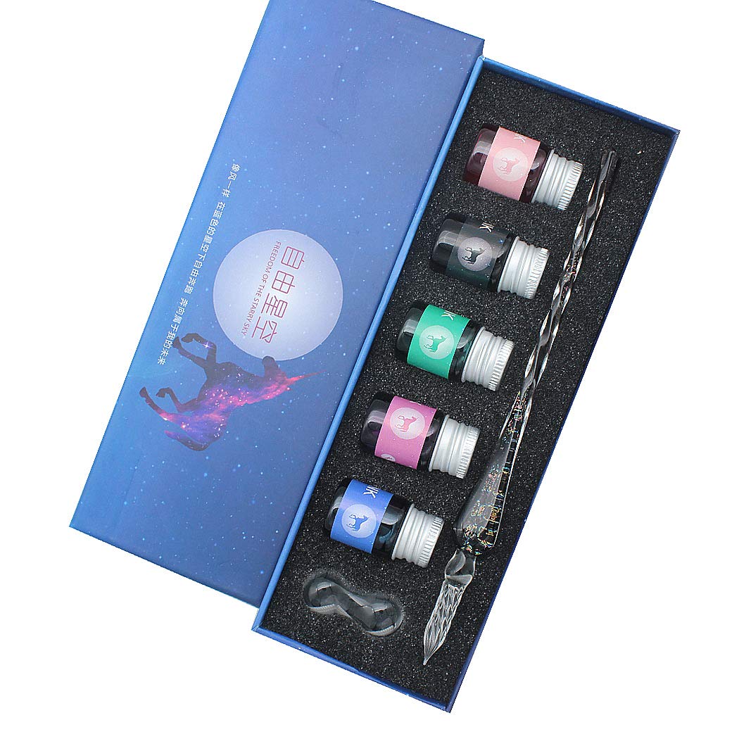 SIPLIV Handmade Glass Dip Pen Set, Starry Sky Crystal Vintage Signature Drawing Calligraphy Pen, 7 Pcs Gift Set with 5 Colors Ink, 1 Pen Holder, 1 Glass Pen - Colorful