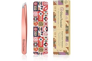 Expert Slant Tip Tweezers with Leather Case, GlamTweeler Sharp & Precision Stainless Steel Tweezer for Eyebrows, Facial Hair and Fine Hairs Removal (Rose Gold)