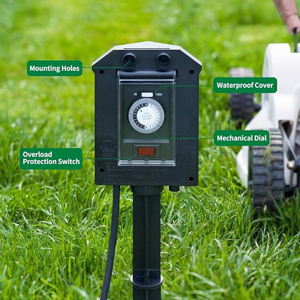 TIFFCOFIO OUTDOOR POWER STRIP WATERPROOF, 24 HOUR MECHANICAL TIMER, 6 FT EXTENSION CORD, 6 GROUNDED OUTLETS FOR OUTDOOR LIGHTS, ETL LISTED (100 FT)