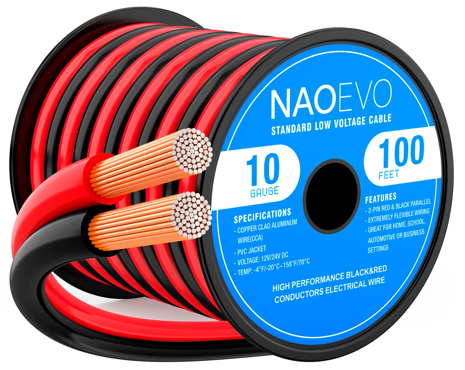 Photo 1 of NAOEVO 10 Gauge Wire 100FT, 2 Conductors Electrical Wire Red Black Cable, Flexible/Low Voltage/PVC 10 AWG Copper Clad Aluminum Extension Cord for Speaker, LED Strips, Automotive 12V/24V DC