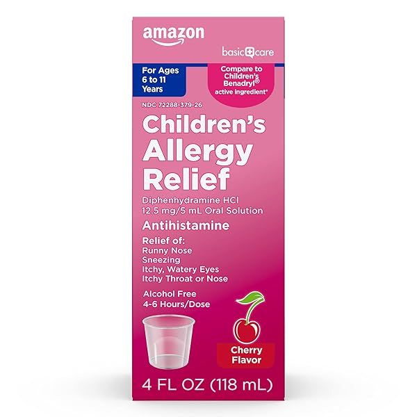 AMAZON BASIC CARE CHILDREN’S ALLERGY RELIEF ORAL SOLUTION, DIPHENHYDRAMINE HCL, CHERRY FLAVOR, 4 FL OZ (PACK OF 1)