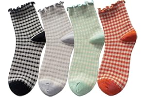 TMEEIHNSS Women's Cute Ruffle Frilly Striped Color Block Cotton Knit Casual Crew Socks 4 Pairs Size 5-9 (Multi Color B)