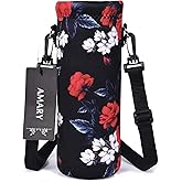 AMARY 500ML Neoprene Water Bottle Carrier Bag with Adjustable Shoulder Strap,Insulated Water Bottle Cover for Stainless Steel/Glass/Plastic Bottles 16.9OZ (Flowers-4)