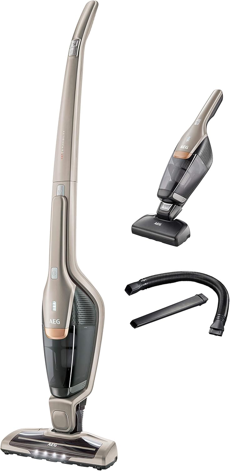 AEG Ergorapido CX7-2-S360 2in1 Akku-Staubsauger (beutellos, inkl. Tierhaardüse und Zubehörset, bis zu 45 Min. Laufzeit, freistehend, 180° Drehgelenk, Bürstenreinigungsfunktion, LED-Frontlichter, gold)