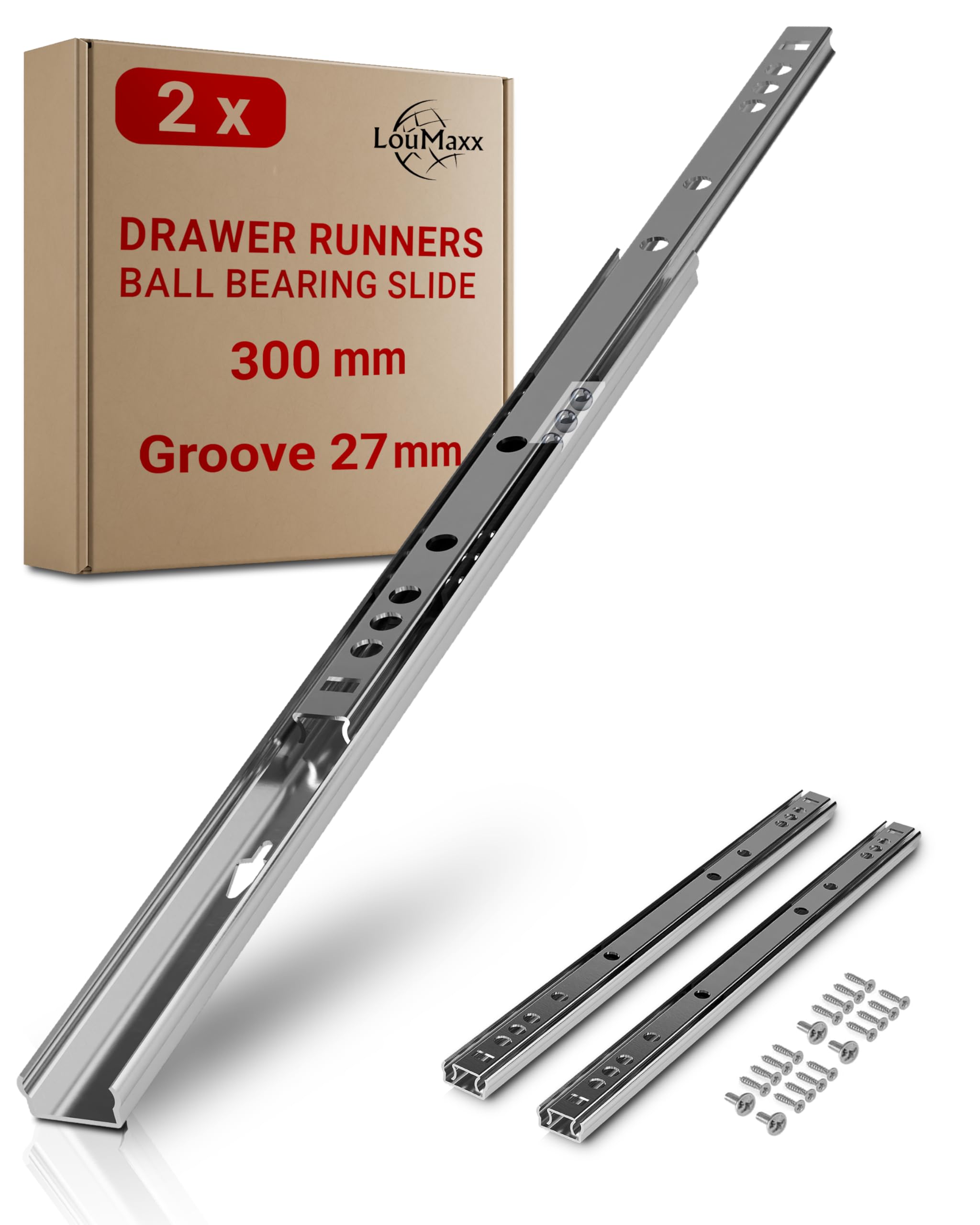 LouMaxx Drawer Runners 27mm Groove [2 Pack] - 300mm Cabinet Drawer Slides - Ball Bearing Drawer Runners - Suitable Replacement IKEA, MFI - Screws Included