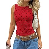 Women Polka Dot Tank Top Sleeveless Boat Neck Crop Shirts Y2k Slim Fit Cute Going Out Cami Tops Streetwear