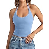 REORIA Women's Basic Scoop Neck Backless Double Lined Braless Tie Halter Tank Tops Cute Summer Trendy Sleeveless Shirts