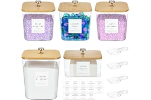 POLRAI 5 Pack Laundry Pod Containers and Dryer Sheet Holder for Laundry Room Organization Acrylic Jars with Lids and Labels for Laundry Detergent Laundry Pods Dry Sheet Organizing