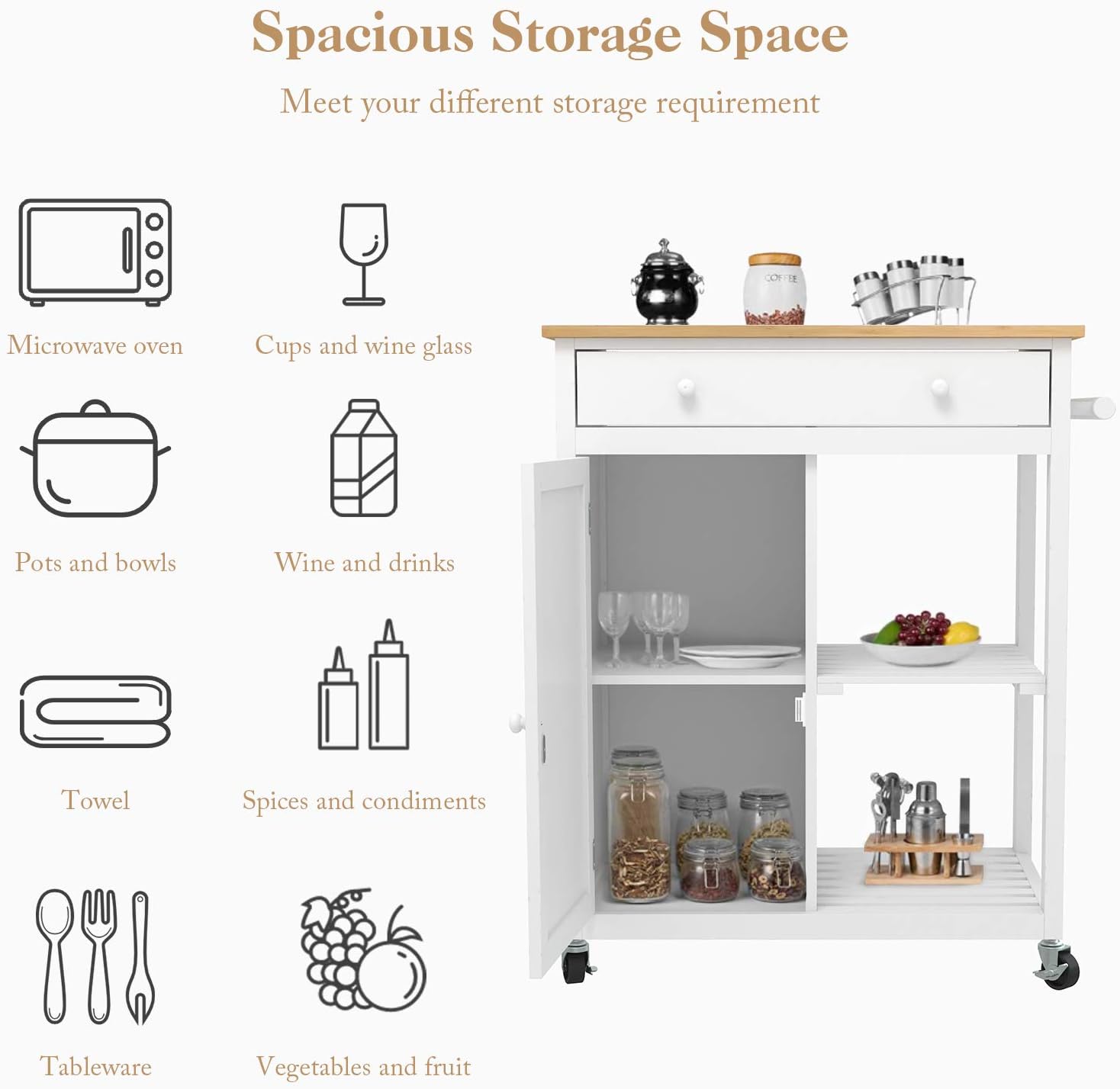 Mecor Kitchen Island Cart w/Wood Top, Rolling Utility Trolley on Wheels with Storage Drawer, Shelves and Cabinet (White) - Kitchen Islands & Carts