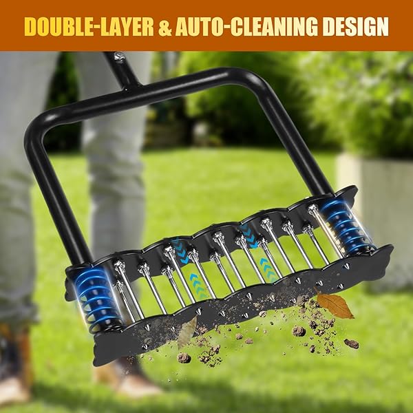 ETSRMI LAWN AERATOR TOOL WITH 14 METAL SPIKES – MANUAL YARD AERATOR WITH SPRING BASE & AUTO LEAF CLEANING FOR SOIL AERATION, LAWN CARE, GRASS HEALTH – HEAVY DUTY AERATOR FOR GARDEN, BACKYARD, PATIO