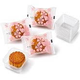 Mooncake Packaging Bags with Clear Trays, 100g Mooncake Wrappers, Sakura Flower Frosted Treat Bags, Food Grade 10 mil Heat Seal Bags for Round or Square Mooncakes, Pastries, Homemade Gifts