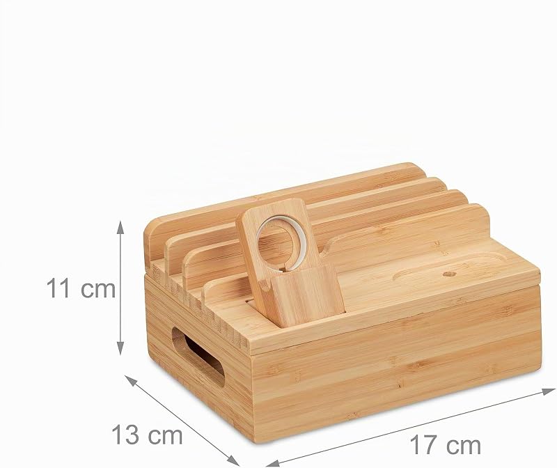 Stazione di Ricarica Multipla, Docking Station bambù, Apple Watch, Smartphone, AirPods, 11x17x13 cm, Naturale