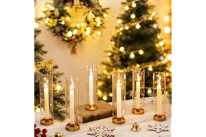 NUPTIO Hurricane Glass Candle Holders: 6 Pcs Gold Metal Taper Candlesticks Holder with 11.81 inch Long Clear Bottomless Cylinder Cover Stands for Wedding Anniversary Bridal Shower Table Centerpiece