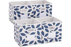 MAX Houser Fabric Storage Bins Cubes Baskets Containers with Dual Plastic Handles for Home Closet Bedroom Drawers Organizers, Flodable, Blue, Set of 4